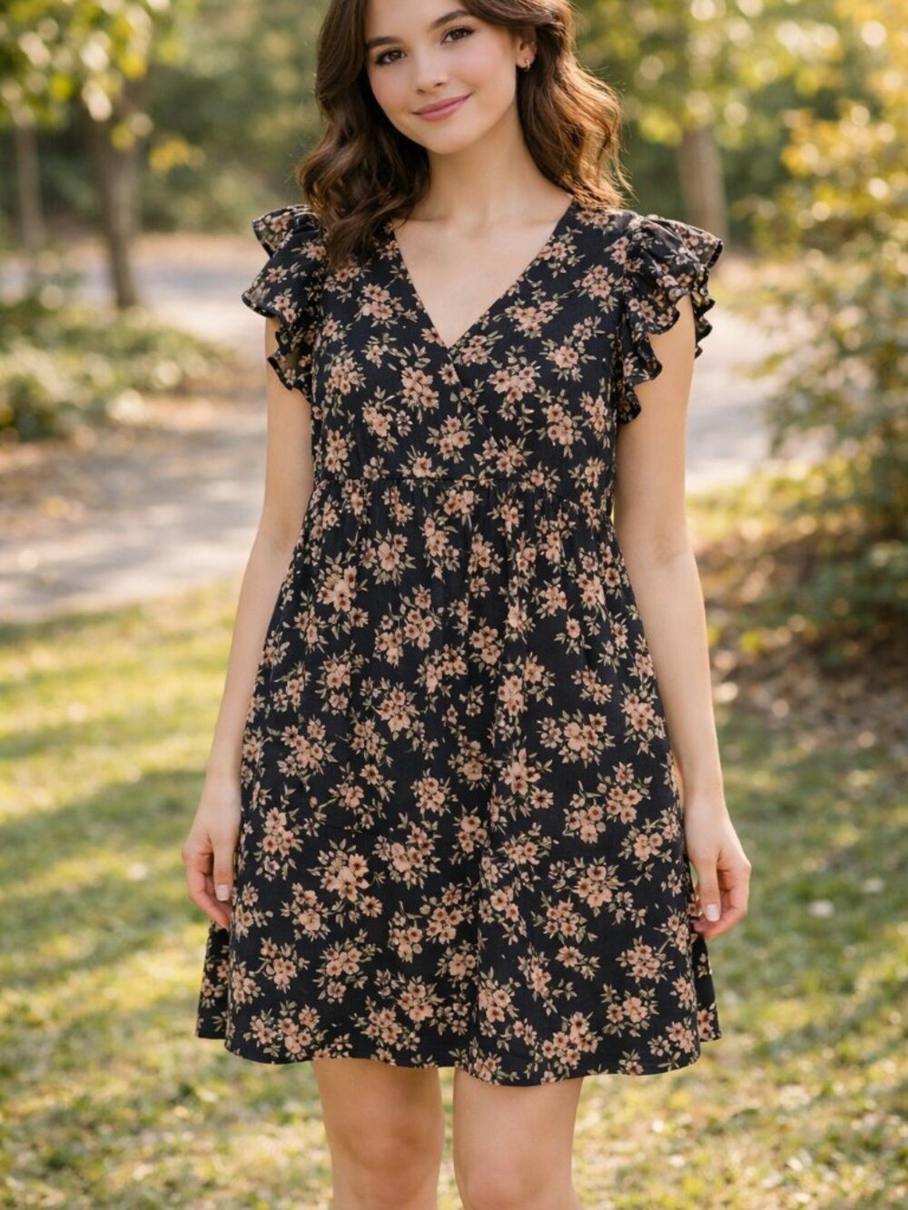 NWOT Black Floral Ruffle Mini Dress |Cap sleeves | Feminine | Small Medium